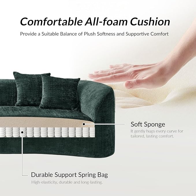 141.75" Modern Curved Compressed Sofa, All-Foam Cloud Couches with 4 Pillows, No Assembly Required Boneless Sectional Sofas, Large Floor Couch for Living Room, Olive