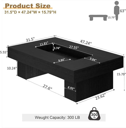 LVB Black Coffee Table, Modern Wood Led Living Room Table with Storage, Unique Large Wide Rectangle Center Table with LED Light, Contemporary low Tea Table for Bedroom Home Office, 47.24 In, Black Oak
