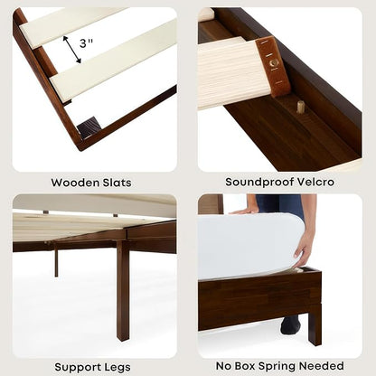 Bme Nipe 14 Inch Deluxe Bed Frame with Adjustable Headboard - Rustic & Bohemian Unique Style with Acacia Wood - No Box Spring Needed - 12 Strong Wood Slat Support - Easy Assembly - Twin, Walnut
