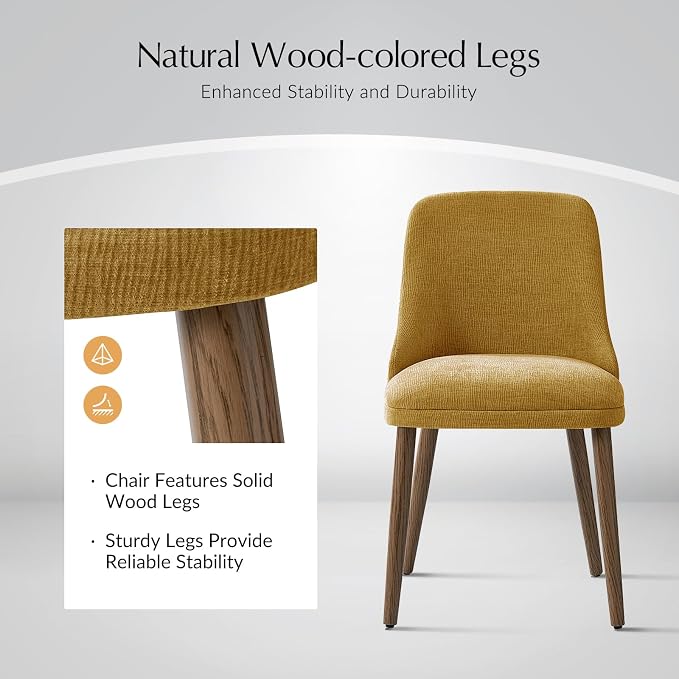 Upholstered Dining Chairs Set of 4, Fabric Dining Room Chairs with Curved Backrest, Solid Wood Legs, Modern Kitchen Chairs for Dining Room Living Room, Mustard