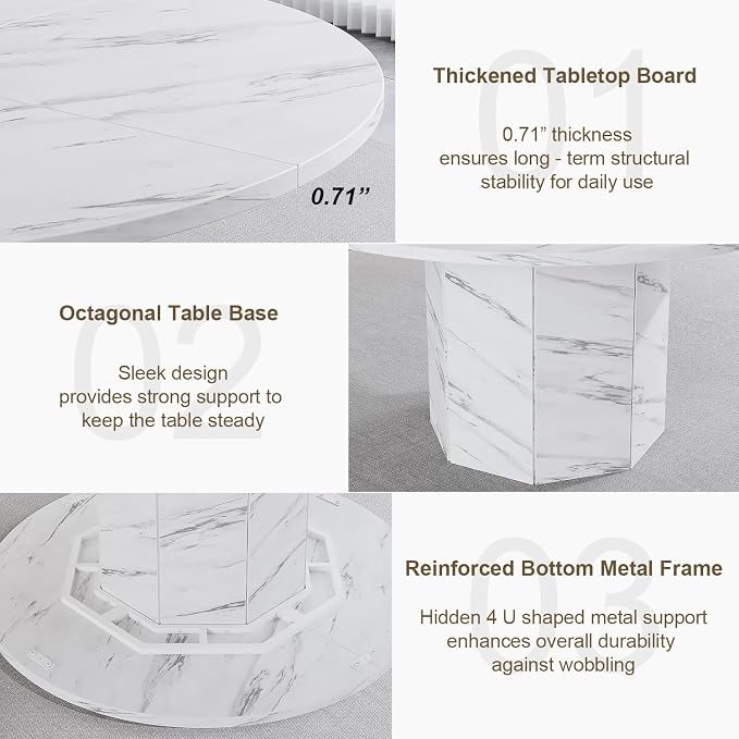 HSH Round Dining Table for 4-6, 47” White Faux Marble Dinner Table only, Modern Circle Kitchen Table for Home Living Room, Industrial Wood Dining Room Table with Octagon Base, White Marble