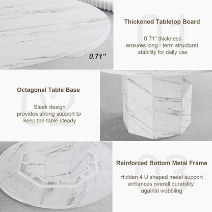 HSH Round Dining Table for 4-6, 47” White Faux Marble Dinner Table only, Modern Circle Kitchen Table for Home Living Room, Industrial Wood Dining Room Table with Octagon Base, White Marble
