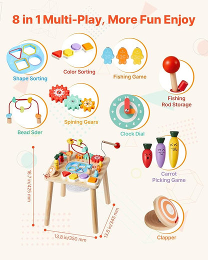VEVOR Montessori Activity Table for Toddler 1-3 Years Old, 8 in 1 Wooden Learn Activity Desk, Baby Play Table for Boys & Girls Aged 6+ Months, Great Birthday, Christmas, Children's Day Present