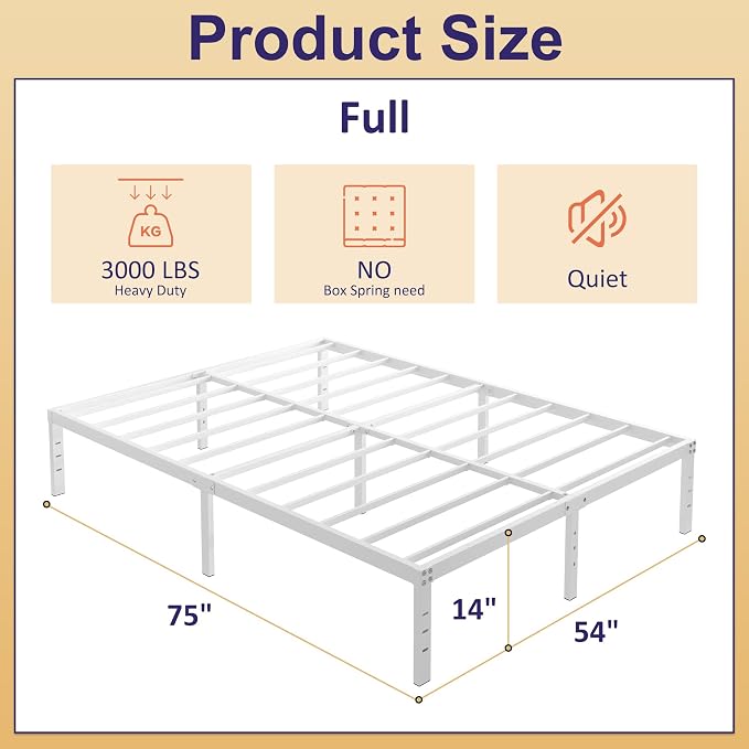 YUSENHEEI 14 Inch Full Size Bed Frame No Box Spring Needed, Heavy Duty Metal Bed Frame Full with Large Underbed Storage Space, Noise Free, Easy Assembly, White