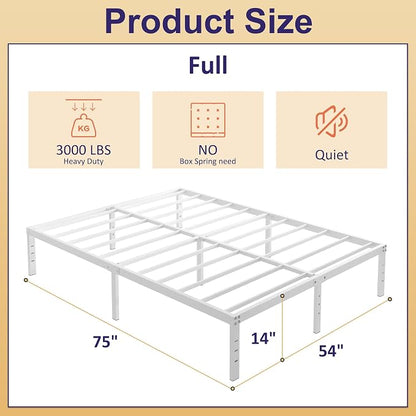 YUSENHEEI 14 Inch Full Size Bed Frame No Box Spring Needed, Heavy Duty Metal Bed Frame Full with Large Underbed Storage Space, Noise Free, Easy Assembly, White
