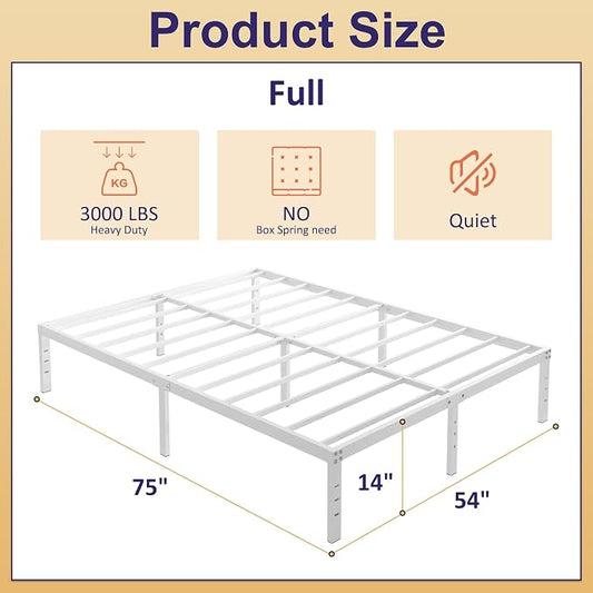 YUSENHEEI 14 Inch Full Size Bed Frame No Box Spring Needed, Heavy Duty Metal Bed Frame Full with Large Underbed Storage Space, Noise Free, Easy Assembly, White