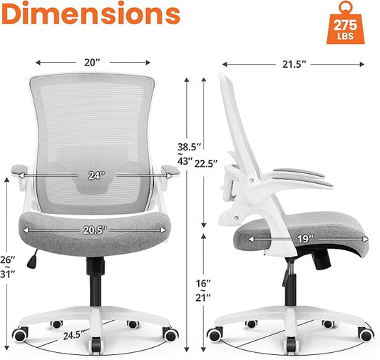NEO CHAIR Office Desk Gaming Chair Computer High Back Mesh Seat with Rolling Wheels Ergonomic Adjustable Comfy Flip-up Armrests Lumbar Support Height for Home (Grey White Frame)