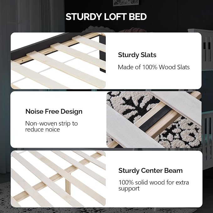 VINGLI Solid Wood Bunk Bed Twin Over Twin with RGB LED Light and Charging Station,15 inches Extra Tall Guardrail, Convertable 2 Deckers Bed, Heavy Duty Wood Slat Support, Black