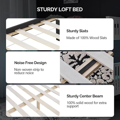 VINGLI Solid Wood Bunk Bed Twin Over Twin with RGB LED Light and Charging Station,15 inches Extra Tall Guardrail, Convertable 2 Deckers Bed, Heavy Duty Wood Slat Support, Black