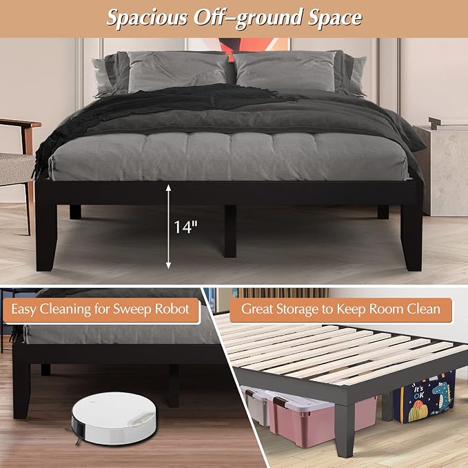 COSTWAY Queen Size Platform Bed Frame, 14 Inches Solid Rubber Wood Bed Mattress Foundation with Sturdy Slats Support, Easy Assembly Bed Frame for Home Hotel, No Box Spring Needed (Espresso, Queen)