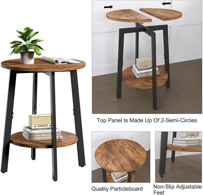 sthmec Side Table, Small Round End Table with Storage Shelf for Small Space, 2-Tier Bedside Table Sofa Couch Table, Round Accent Table Nighstands for Living Room, Bedroom, Rustic Brown