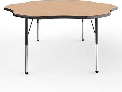 FDP Flower Activity School and Office Table (60 inch), Standard Legs with Ball Glides for Collaborative Seating Environments, Adjustable Height 19-30 inches - Maple Top and Black Edge