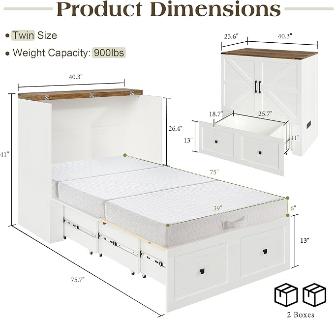LUXOAK Twin Murphy Bed with 6" Tri-Fold Memory Foam Mattress, Storage Drawer & Charging Station, Space-Saving Design for Home Office or Guest Room, White