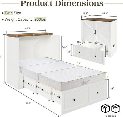 LUXOAK Twin Murphy Bed with 6" Tri-Fold Memory Foam Mattress, Storage Drawer & Charging Station, Space-Saving Design for Home Office or Guest Room, White