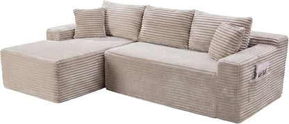 95" L-Shaped Left Facing Cloud Sectional Couch for Living Room, Modular Compressed Boneless Sectional Sofa Corduroy Boneless Corner Foam Sofa W/Chaise Lounge and Pillows