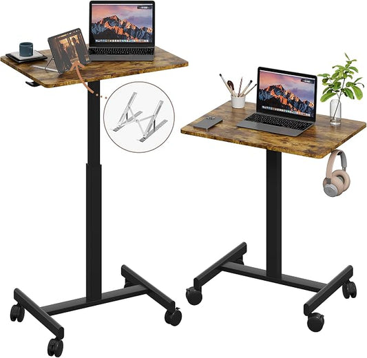 18.9*25.6 inch Mobile Standing Desk,T Shaped Pneumatic Adjustable Height Stand Up Desk,with Lockable Wheels,Ergonomic Standing Side Table for Home Office Work Computer Workstation BROWN+BLACK