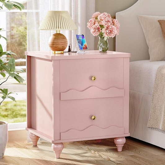 Cyclysio Pink Nightstand with Charging Station, Scalloped Bedside Table with 2 Smooth Drawers, Modern End Table with Solid Wood Legs for Bedroom and Small Spaces