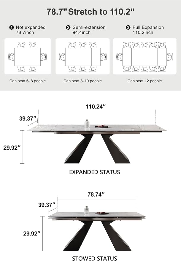 Marble Expandable Table for 8-12 People, 78.74-110.24 Inch Adjustable Length, Heat Resistant Scratch-Resistant Sintered Stone Table Top for Kitchen Dining Room Family Party
