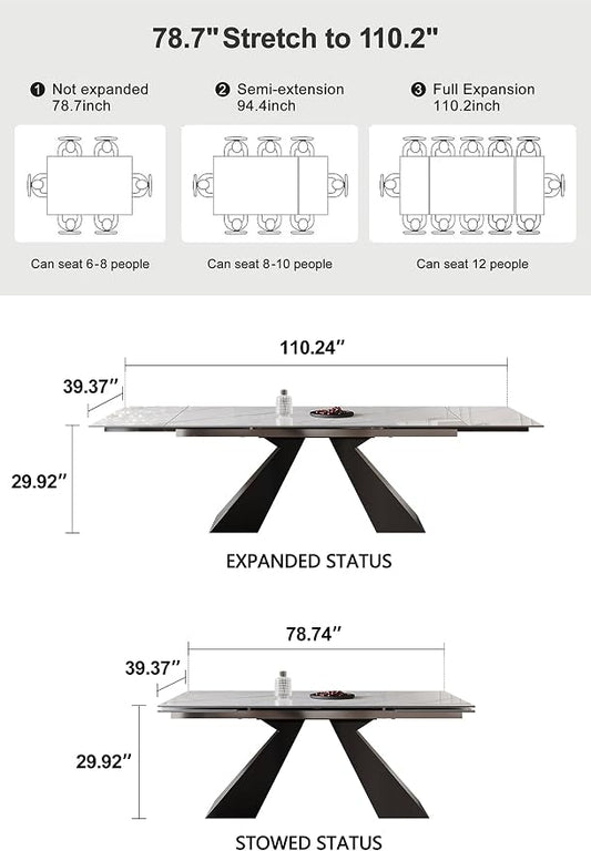 Marble Expandable Table for 8-12 People, 78.74-110.24 Inch Adjustable Length, Heat Resistant Scratch-Resistant Sintered Stone Table Top for Kitchen Dining Room Family Party