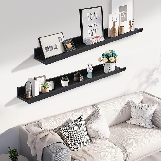 Muzilife 45.3" Large Floating Wall Ledge Shelves with Lip - Set of 2 Wood Floating Shelves - Black Wall Mounted Picture Ledge for Office, Bathroom, Bedroom, Living Room, Kitchen