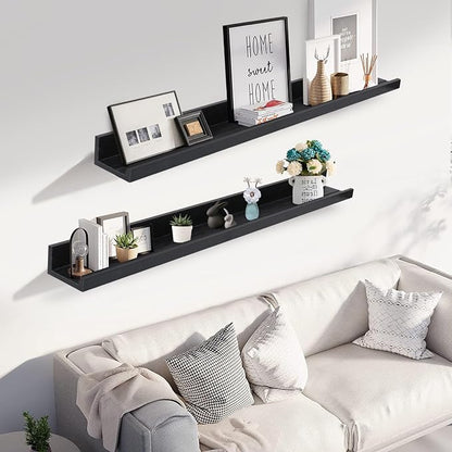Muzilife 45.3" Large Floating Wall Ledge Shelves with Lip - Set of 2 Wood Floating Shelves - Black Wall Mounted Picture Ledge for Office, Bathroom, Bedroom, Living Room, Kitchen