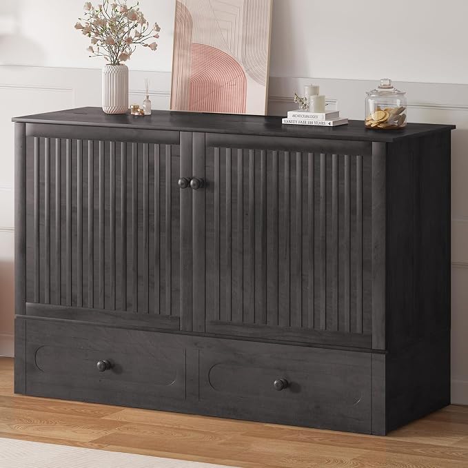Mjkone Queen Murphy Bed Cabinet with Tri-Fold Mattress Included, Drawers, USB Charging Station, Modern Versatile Wood Chest Cabinet Wall Bed, Wooden Guest Beds for Bedroom Home Apartment, Dark Grey