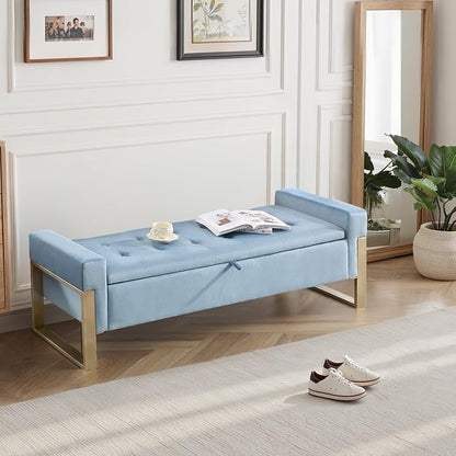 67'' End of Bed Storage Bench, Storage Ottoman Bench for Bedroom King Size, Modern Velvet Bed Benches for Foot of Beds with Gold Legs for Window Living Room Entryway, Light Blue