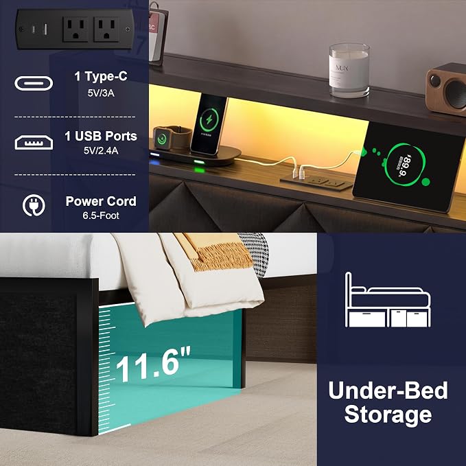 Twin Bed Frame with LED Lights, Charging Station & 2 Storage Drawers, Metal Platform with Upholstered Headboard, No Box Spring Needed, Easy Assembly