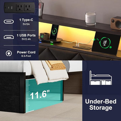 Twin Bed Frame with LED Lights, Charging Station & 2 Storage Drawers, Metal Platform with Upholstered Headboard, No Box Spring Needed, Easy Assembly