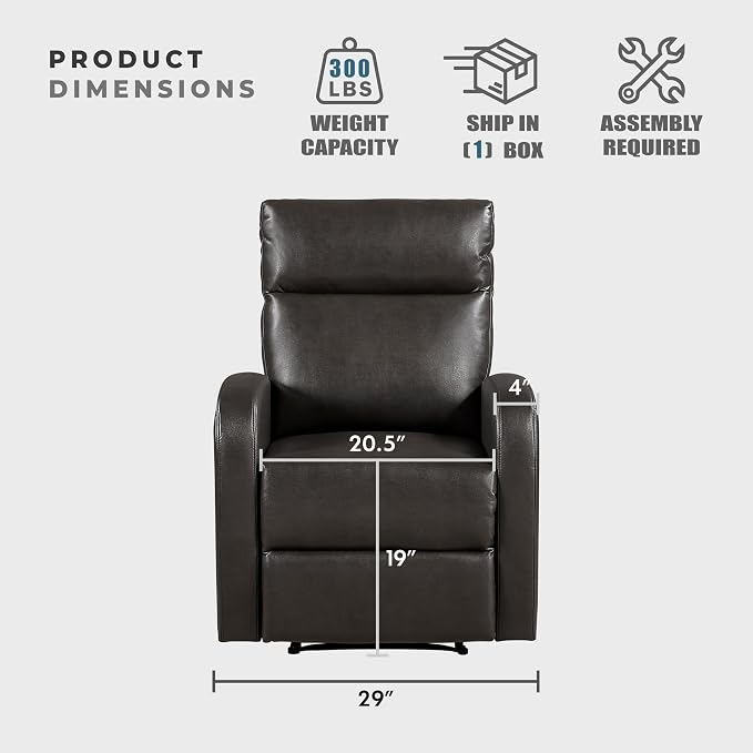 Lexicon Manual Recliner Chair, Faux Leather Reclining Chair, Wall Hugger, Track Arms, Magazine Pockets, Manual Recliner for Living Room/Office/Apartment, Easy Assembly, Espresso