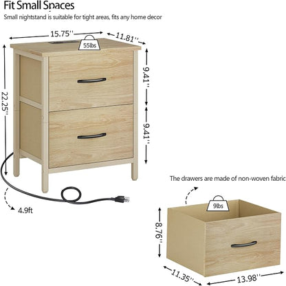 Vagusicc Nightstand with Charging Station, Bedside Table with USB Ports and Outlet, End Table Side Table with 2 Fabric Drawers for Bedroom, Living Room, Natural