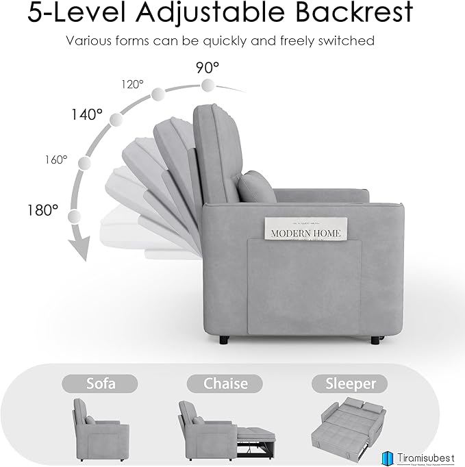 54'' Sleeper Sofa Bed, Convertible Pull Out Couch Futon for for Living Room,Apartment (Ashgrey, Loveseat) Side Pockets, Velvet Fabric, Adjustable Backrest, Pull-Out Bed, Easy Assembly