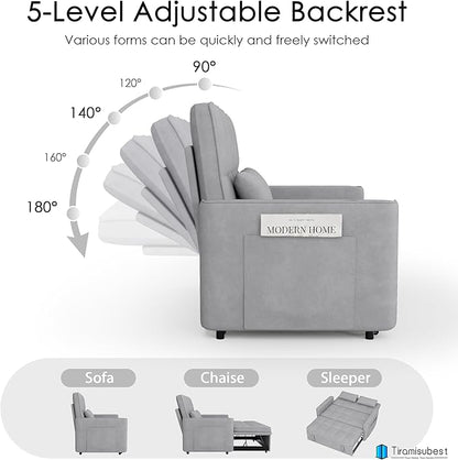 54'' Sleeper Sofa Bed, Convertible Pull Out Couch Futon for for Living Room,Apartment (Ashgrey, Loveseat) Side Pockets, Velvet Fabric, Adjustable Backrest, Pull-Out Bed, Easy Assembly