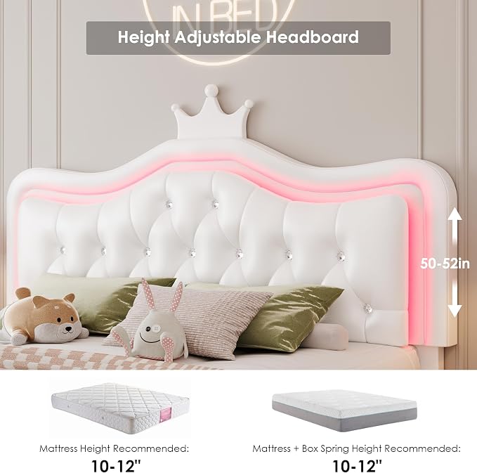 Keyluv Queen Upholstered LED Bed Frame with Storage Drawer, Leather Princess Platform Bed with Adjustable Crystal Button Tufted Crown Headboard, Solid Wooden Slats Support, No Box Spring Needed, White