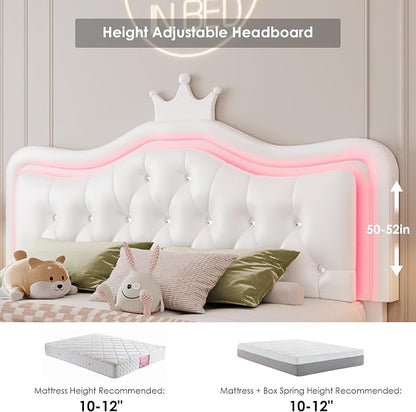 Keyluv Full Upholstered LED Bed Frame with Storage Drawer, Leather Princess Platform Bed with Adjustable Crystal Button Tufted Crown Headboard, Solid Wooden Slats Support, No Box Spring Needed, White