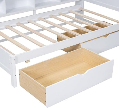 Bellemave Twin Corner Bed Frame, Wood Twin Size Daybed with L-Shaped Bookcase and 2 Drawers，Daybed with Storage Cabinets, White