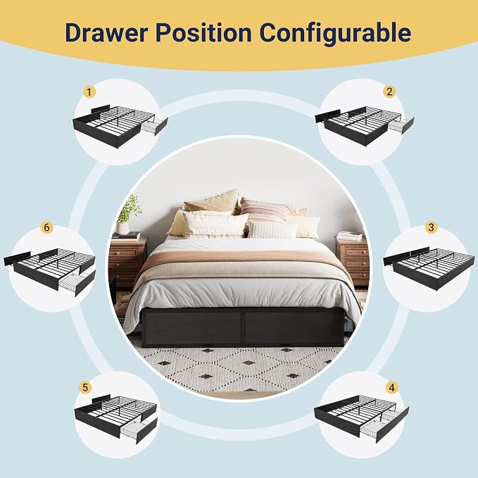 Allewie Full Size Metal Bed Frame with 2 Storage Drawers, Heavy-Duty Steel Frame with MDF Wood Panels, Flexible Drawer Placement, Easy Assembly, Noise-Free Support, Black