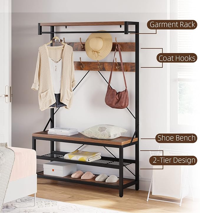 Amyove Large Coat Rack Shoe Bench Hall Tree Shoe Rack for Entryway 3-Tier Storage Shelf and Hooks Removable Industrial Accent Furniture Metal Frame 39.9"x15.7"x72"