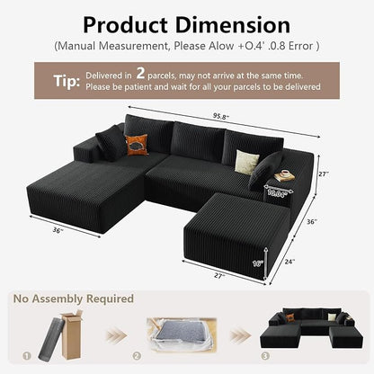 95" Cloud Sectional Couch U-Shaped Chaise with Ottoman, Corduroy Boneless Couch for Living Room Bedroom, Deep-Seat Upholstered Modular Cloud Sofa, No Assembly Required (Black, Left Facing Chaise)