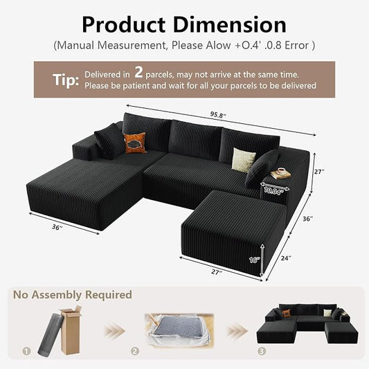 95" Cloud Sectional Couch U-Shaped Chaise with Ottoman, Corduroy Boneless Couch for Living Room Bedroom, Deep-Seat Upholstered Modular Cloud Sofa, No Assembly Required (Black, Left Facing Chaise)