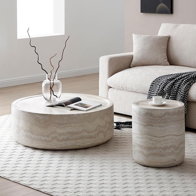 15.74" Small Round Side Table, Faux Marble Stone Coffee Table, French Country Rustic Circle End Table, Modern Minimalist Fiberglass Tea Table for Living Room Apartment Office, No Assembly