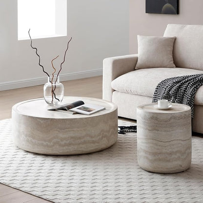 15.74" Small Round Side Table, Faux Marble Stone Coffee Table, French Country Rustic Circle End Table, Modern Minimalist Fiberglass Tea Table for Living Room Apartment Office, No Assembly
