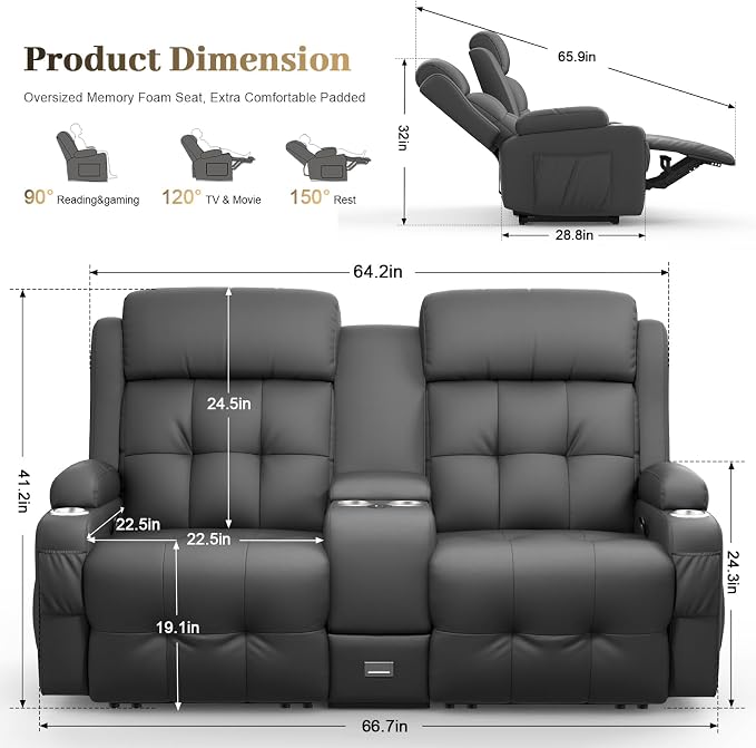 Reclining Loveseat, Massage Loveseat Recliner Sofa Heavy Weight Capacity, RV Love Seat Chair Clearance with Console, USB, Type C Port, Storage, Cup Holders, Wall Hugger Couch for Living Room
