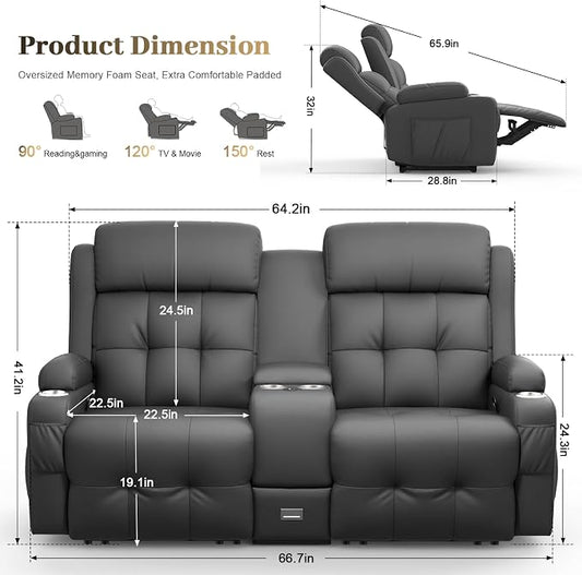Reclining Loveseat, Massage Loveseat Recliner Sofa Heavy Weight Capacity, RV Love Seat Chair Clearance with Console, USB, Type C Port, Storage, Cup Holders, Wall Hugger Couch for Living Room