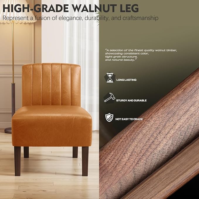 Armless Accent Chairs Upholstered Dining Chairs Living Room Chairs with Solid Wood Legs Leather Reading Chair for Adults Comfy Chair for Bedroom Vanity Kitchen (Brown)