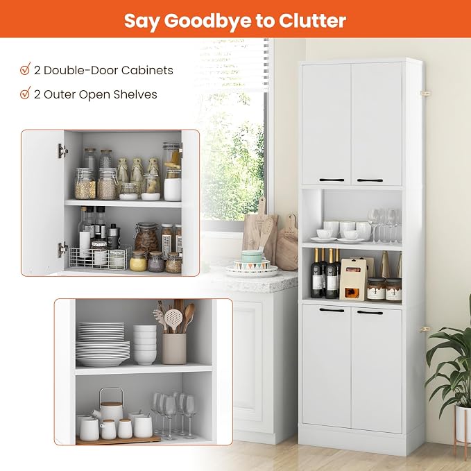Giantex Kitchen Pantry Cabinet, 75” Tall Freestanding Cupboard with Doors & Shelves, Safety Hinges & Anti-Tipping Devices, Storage Sideboard for Dining Room, Living Room (White)