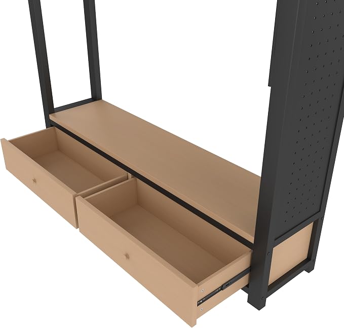 Bellemave Queen Size loft Bed with Wardrobe and Storage Shelves and Pegboard Drawers, Metal Queen Loft Bed Frame for Adults, Kids, Teens, Black