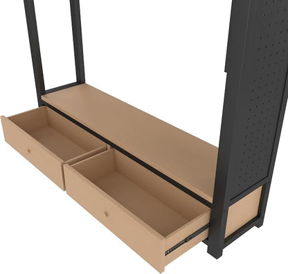 Bellemave Queen Size loft Bed with Wardrobe and Storage Shelves and Pegboard Drawers, Metal Queen Loft Bed Frame for Adults, Kids, Teens, Black