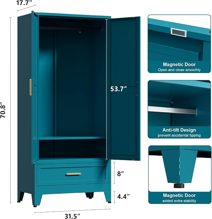 Washsemba 71'' Farmhouse Metal Wardrobe Cabinet with Hanging Rod, 2 Barn Door Wardrobe Closet with Adjustable Shelves,Drawer,for Dining Room,Bedroom,Living Room, Cloak Room,Office (Peacock Blue)