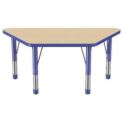 FDP Trapezoid Activity School and Classroom Kids Table (24 x 48 inch), Chunky Toddler Legs for Collaborative Seating Environments, Adjustable Height 15-24 inches - Maple Top and Blue Edge